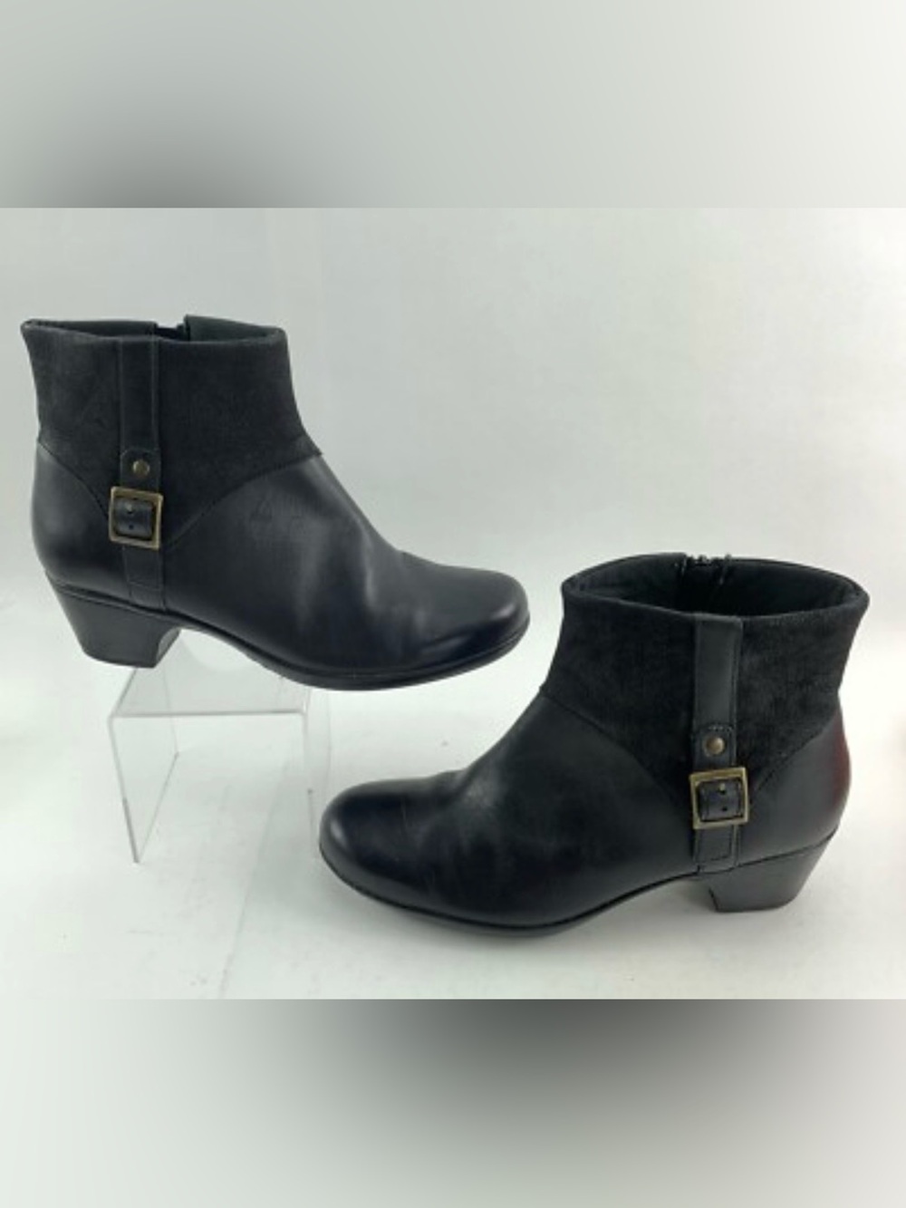 Clarks Bendables Black Leather & Suede Ankle Booties with Buckle Sz 8.5